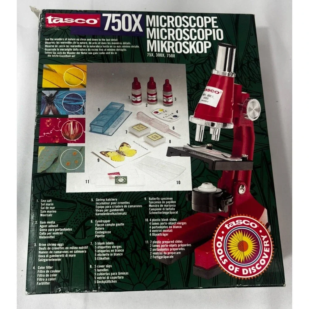 1990 Tasco Vintage Microscope 750x -butterfly Specimen, Shrimp Hatchery, Slides
